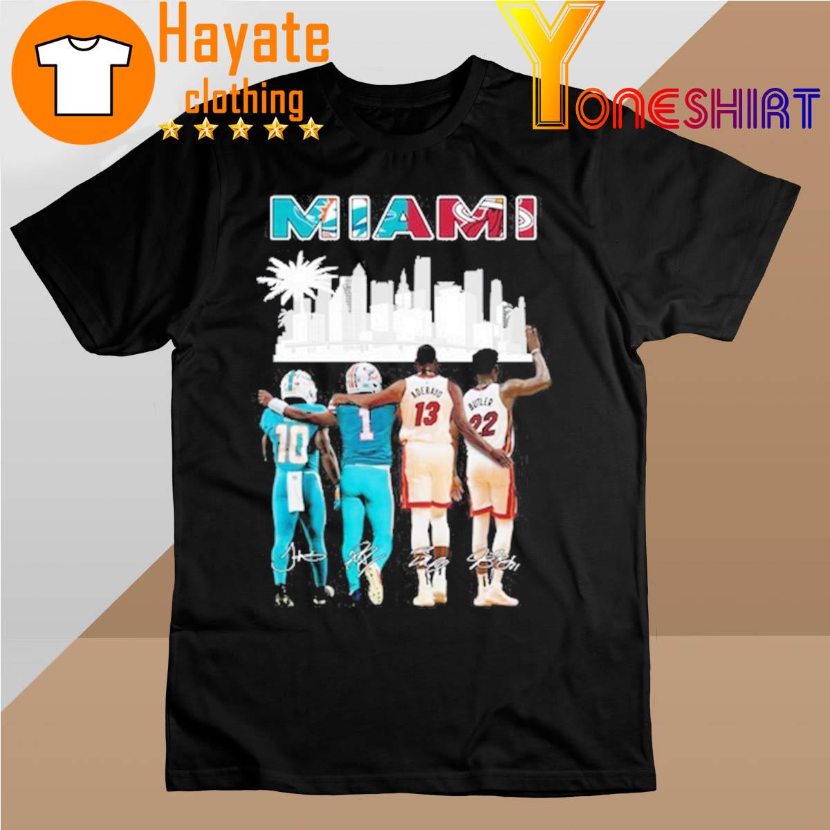 Miami Dolphins And Miami Heat Skyline Four Players signatures 2022 shirt