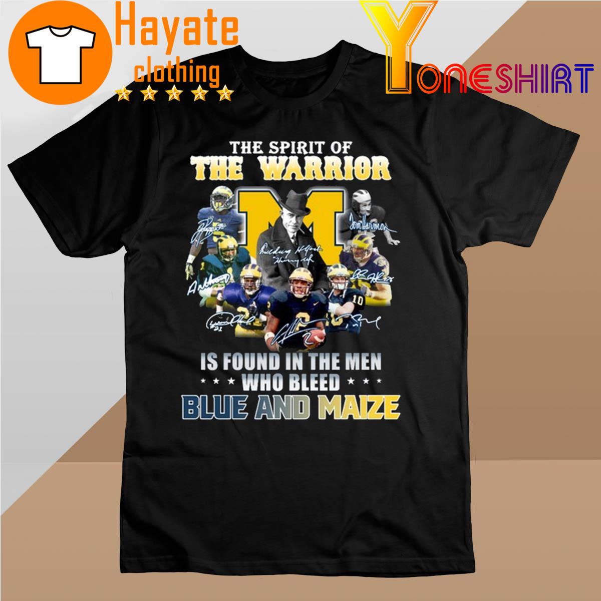 The Spirit of the Warrior is found in the Men who Bleed Blue and Maize signatures 2022 shirt