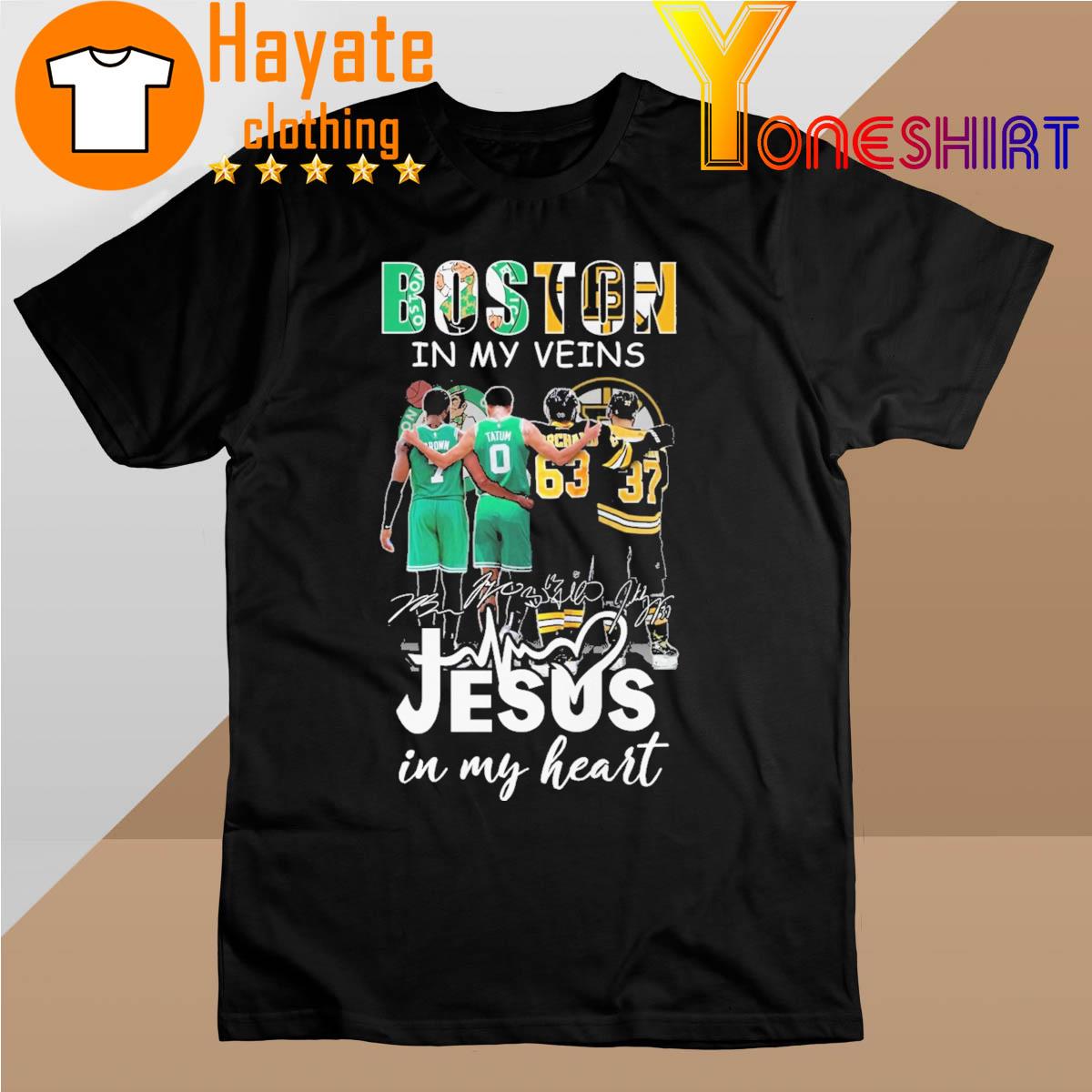 Boston Celtics and Boston Bruins in my veins Jesus in my heart signatures shirt